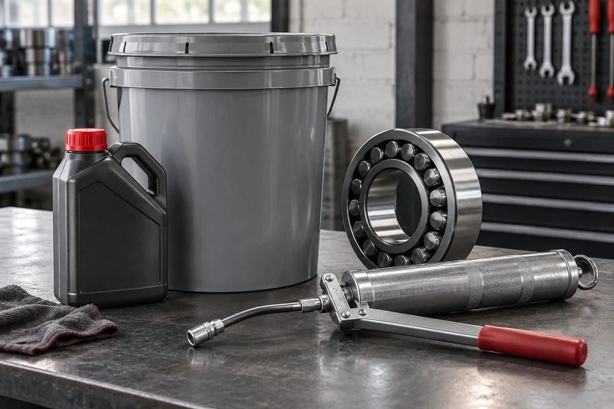 AI illustration of generic lubricant containers and bearing tools