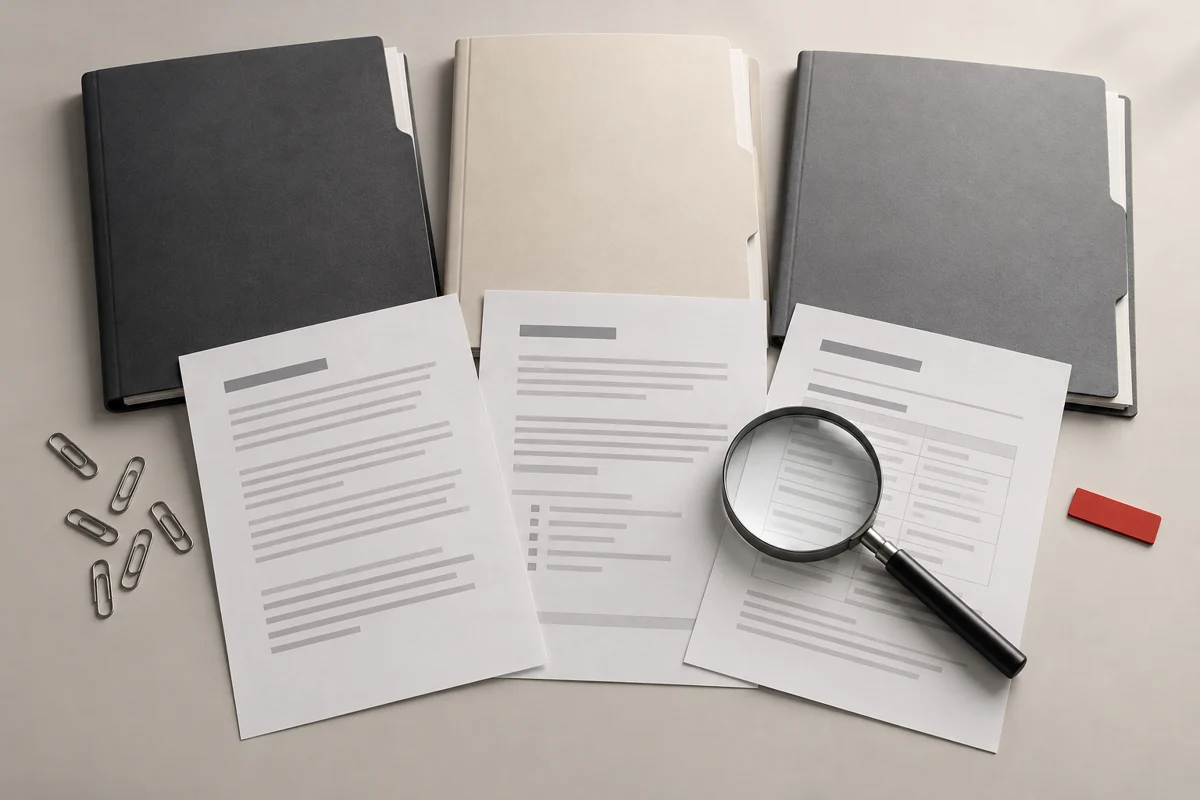 AI editorial illustration of three document folders, paper sheets and a magnifying glass