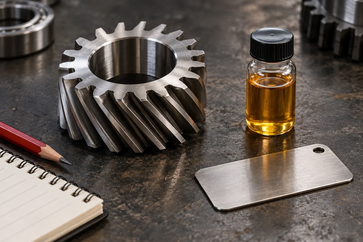 AI editorial illustration of a machined gear, an unmarked oil sample and a specification tag