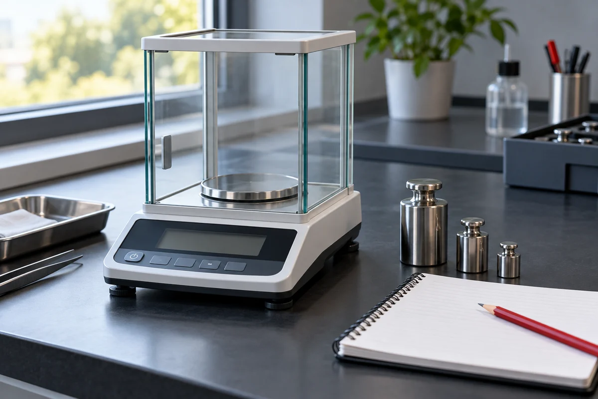 AI editorial illustration of a generic precision balance with calibration weights and a notebook